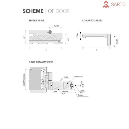 Sartodoors Solid French Door 30 x 80in, Nebraska Grey W/ Frosted Glass, Single Regular Panel Frame Trims Handle SETE6933ID-NEB-30